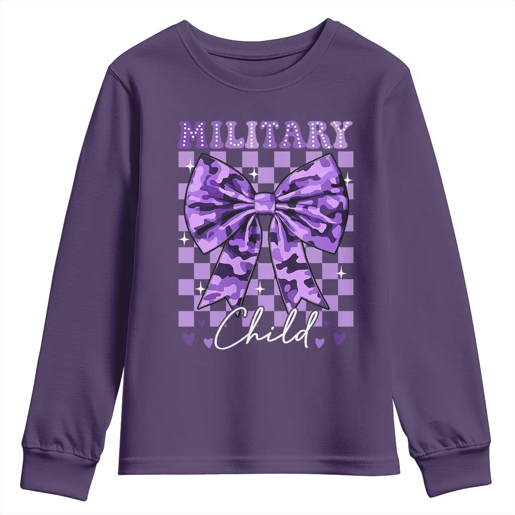 Military Child Coquette Bow Youth Sweatshirt Purple Up Camo TS10 Purple Print Your Wear