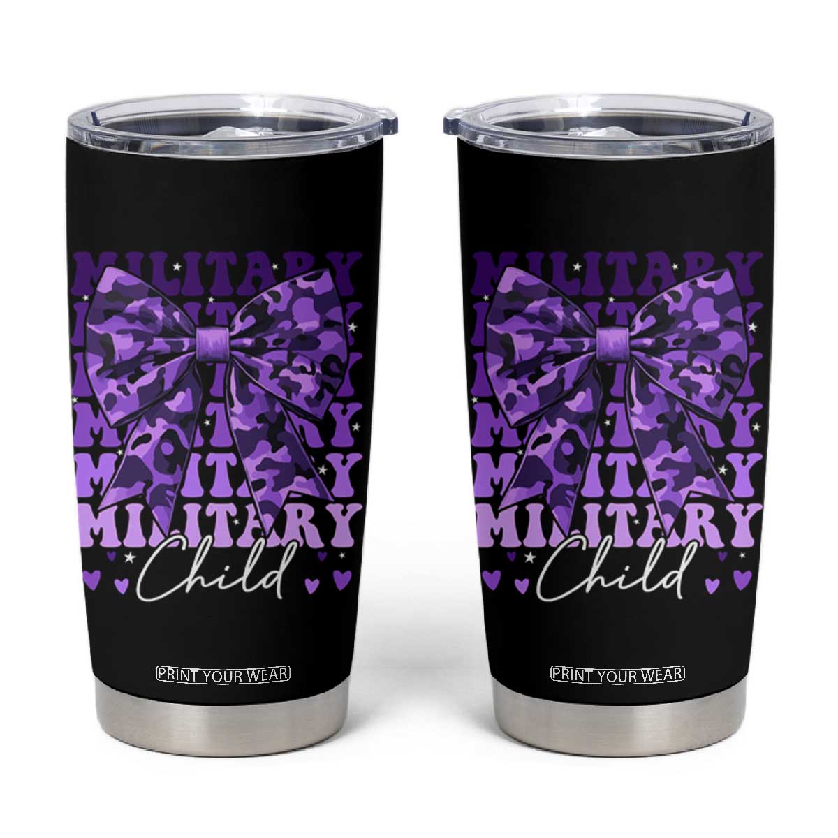 Military Child Coquette Bow Tumbler Cup Purple Up Camo Kids Girls TS10 Black Print Your Wear