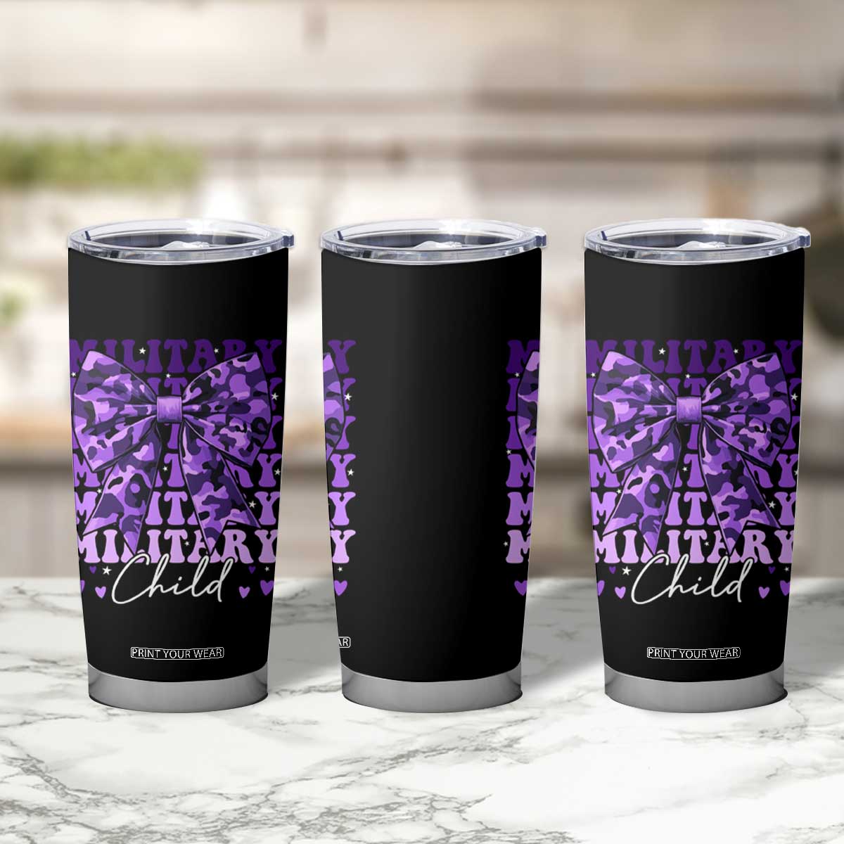Military Child Coquette Bow Tumbler Cup Purple Up Camo Kids Girls TS10 Print Your Wear