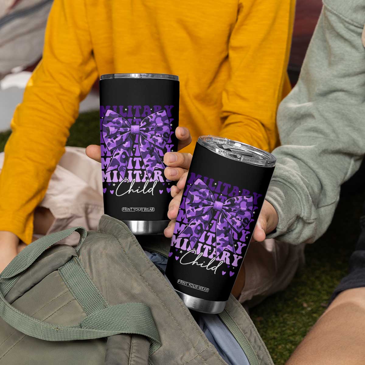 Military Child Coquette Bow Tumbler Cup Purple Up Camo Kids Girls TS10 Print Your Wear