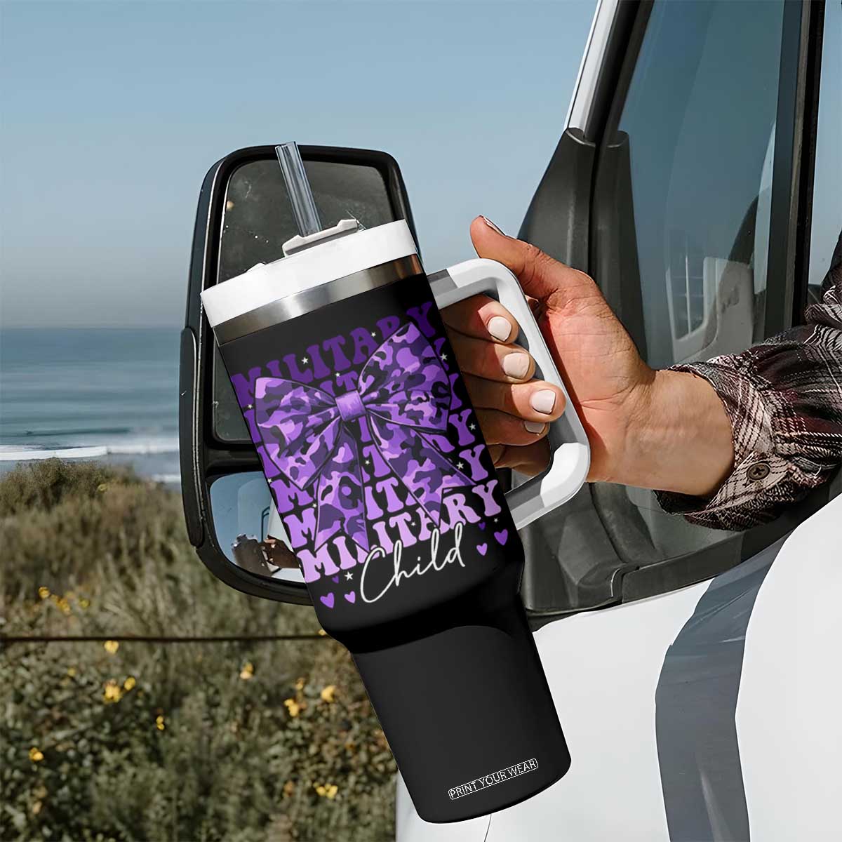 Military Child Coquette Bow Tumbler With Handle Purple Up Camo Kids Girls TS10 Print Your Wear
