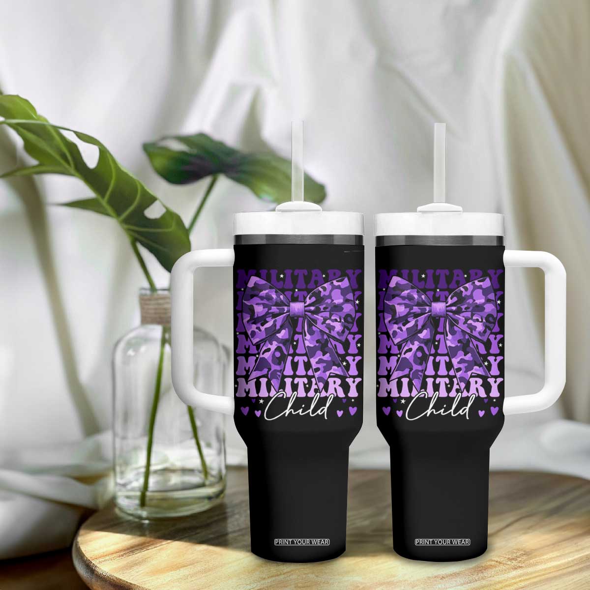 Military Child Coquette Bow Tumbler With Handle Purple Up Camo Kids Girls TS10 Print Your Wear