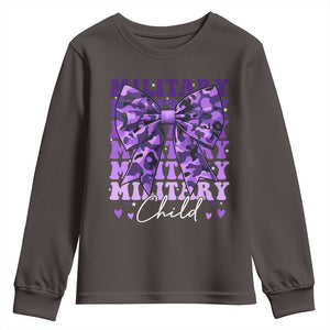 Military Child Coquette Bow Youth Sweatshirt Purple Up Camo Kids Girls TS10 Dark Chocolate Print Your Wear