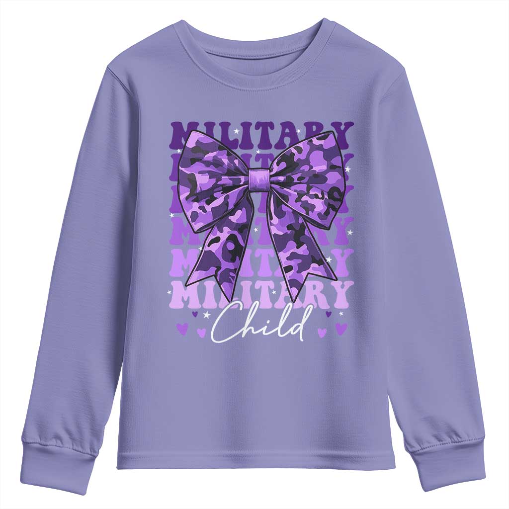 Military Child Coquette Bow Youth Sweatshirt Purple Up Camo Kids Girls TS10 Violet Print Your Wear