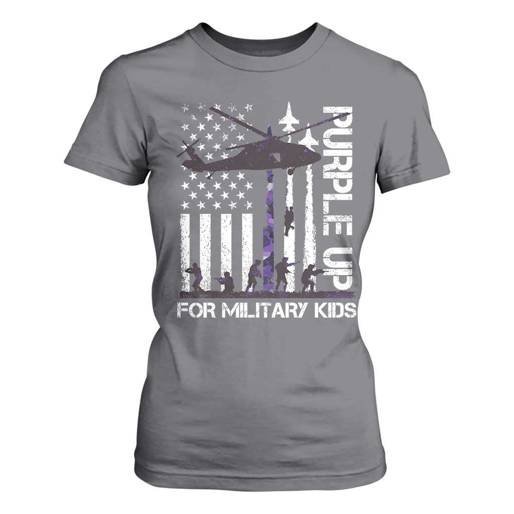 Purple Up For Military Kids T Shirt For Women Camo American Flag Military Child Month USA Camouflage TS10 Charcoal Print Your Wear