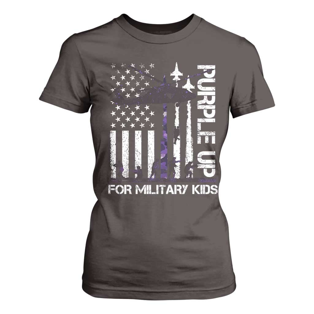 Purple Up For Military Kids T Shirt For Women Camo American Flag Military Child Month USA Camouflage TS10 Dark Chocolate Print Your Wear