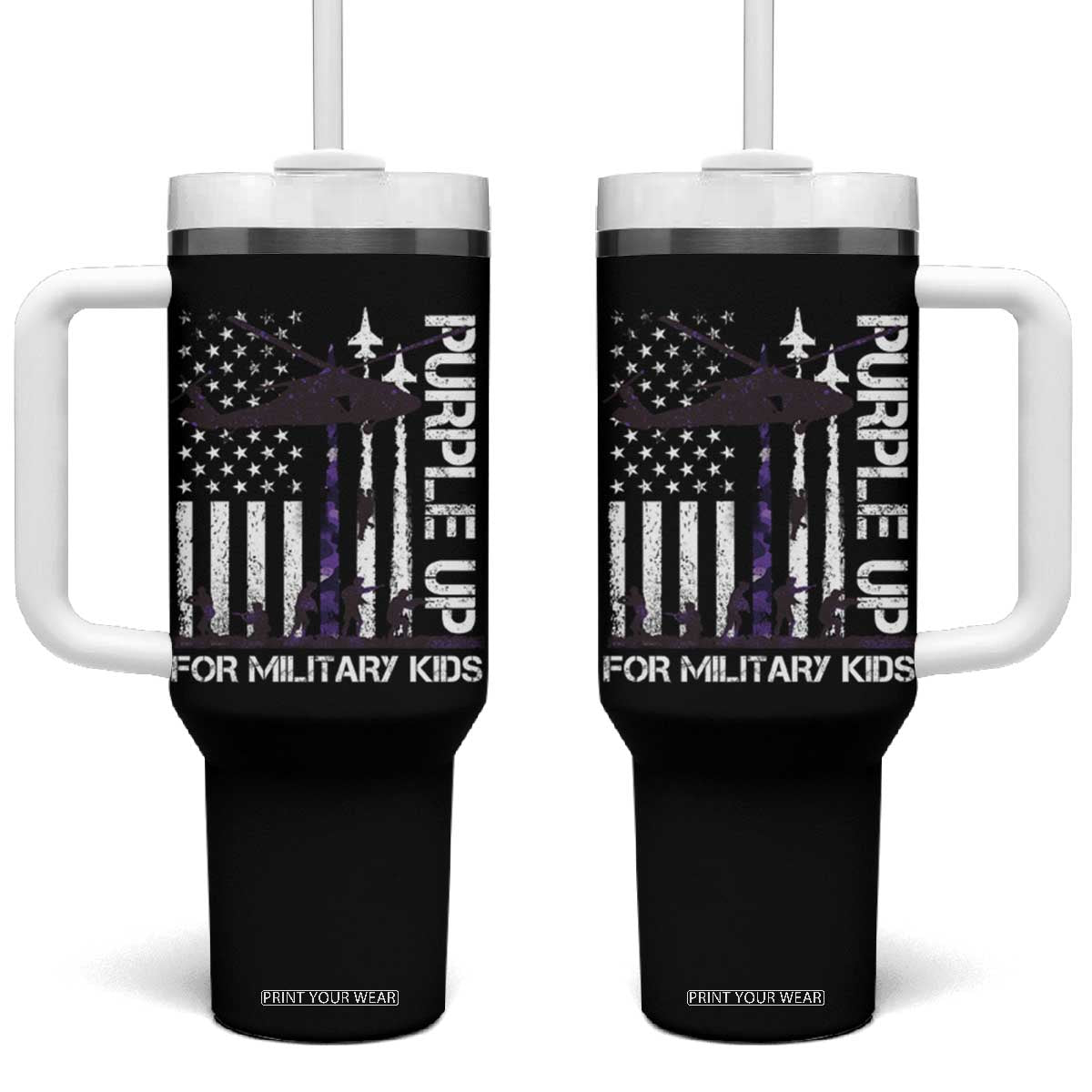 Purple Up For Military Kids Tumbler With Handle Camo American Flag Military Child Month USA Camouflage TS10 One Size: 40 oz Black Print Your Wear