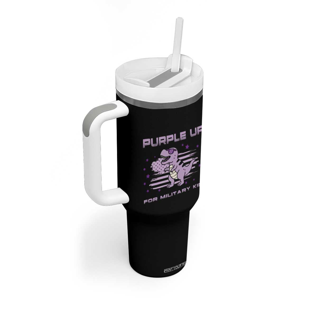 Purple Up For Military Kids Tumbler With Handle Military Child Month Army Dinosaur Dino TS10 Print Your Wear