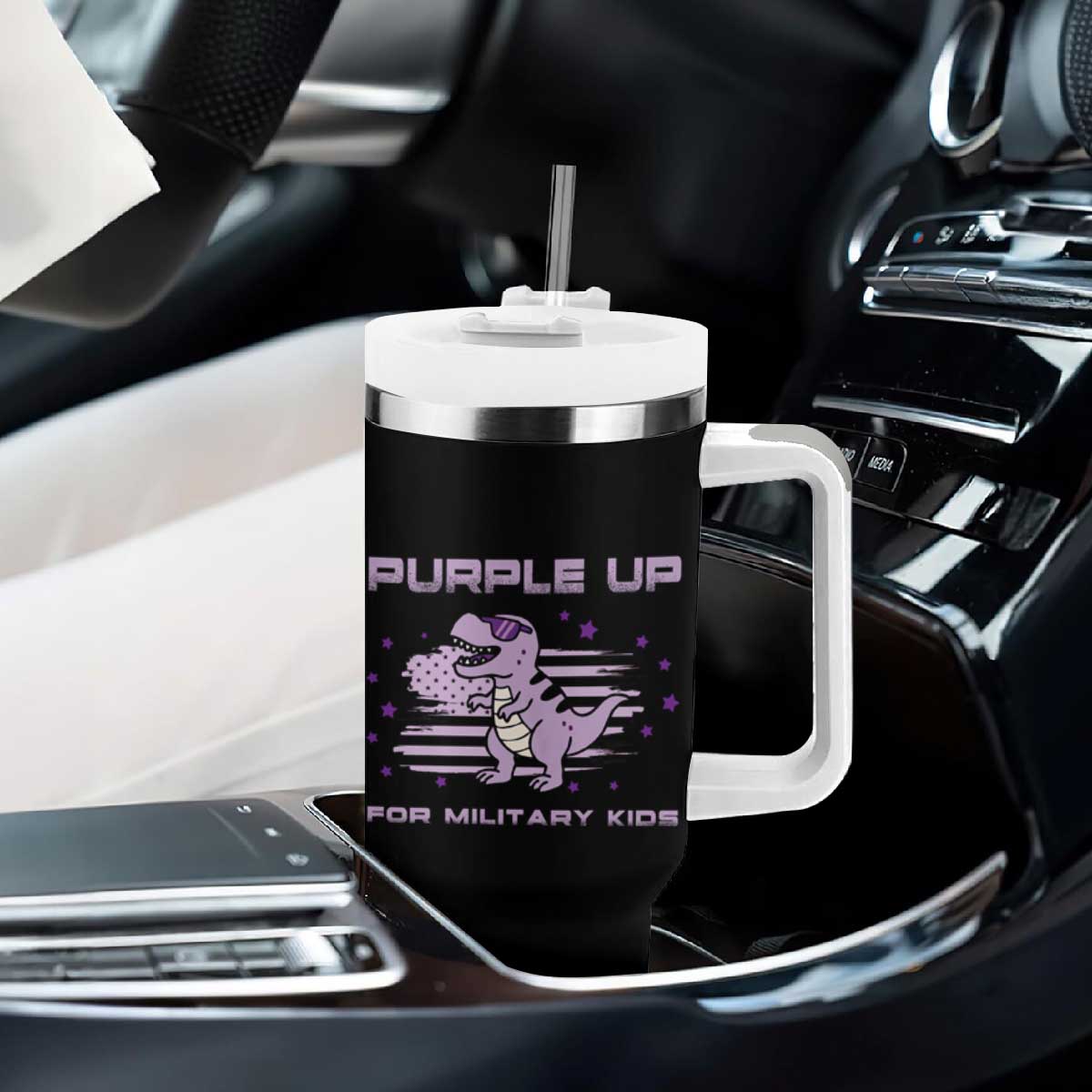 Purple Up For Military Kids Tumbler With Handle Military Child Month Army Dinosaur Dino TS10 Print Your Wear