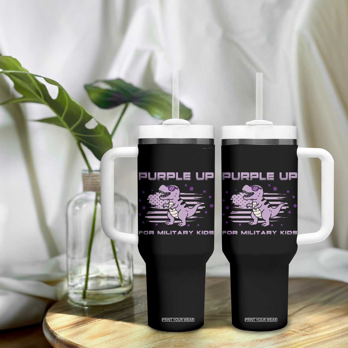 Purple Up For Military Kids Tumbler With Handle Military Child Month Army Dinosaur Dino TS10 Print Your Wear