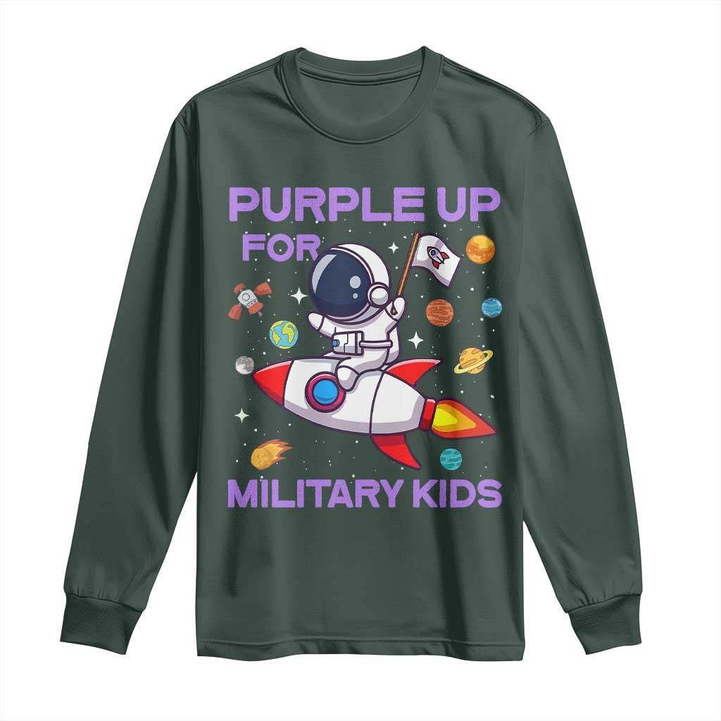 Purple Up For Military Kids Long Sleeve Shirt Military Child Month Astronaut Funny TS10 Dark Forest Green Print Your Wear