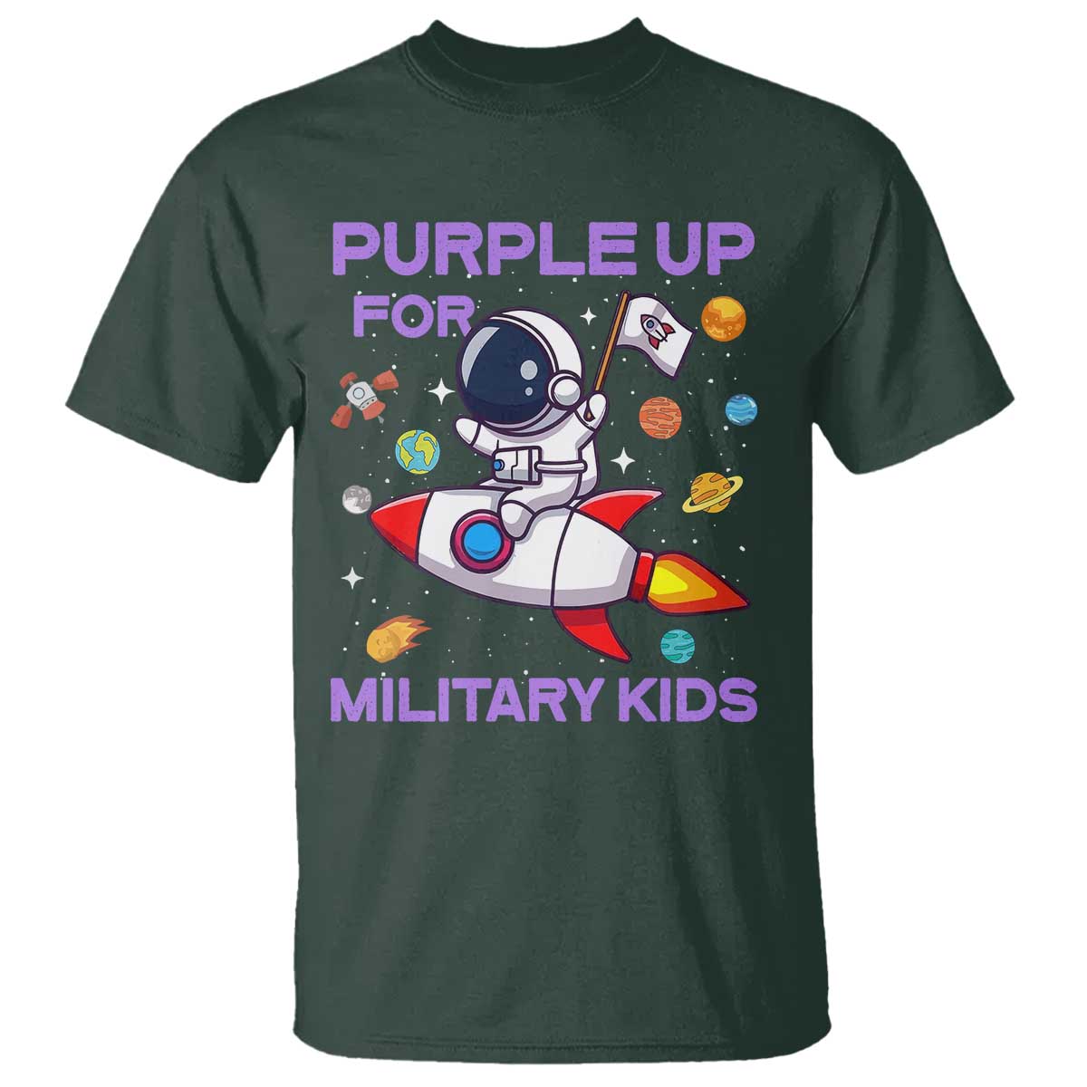 Purple Up For Military Kids T Shirt Military Child Month Astronaut Funny TS10 Dark Forest Green Print Your Wear