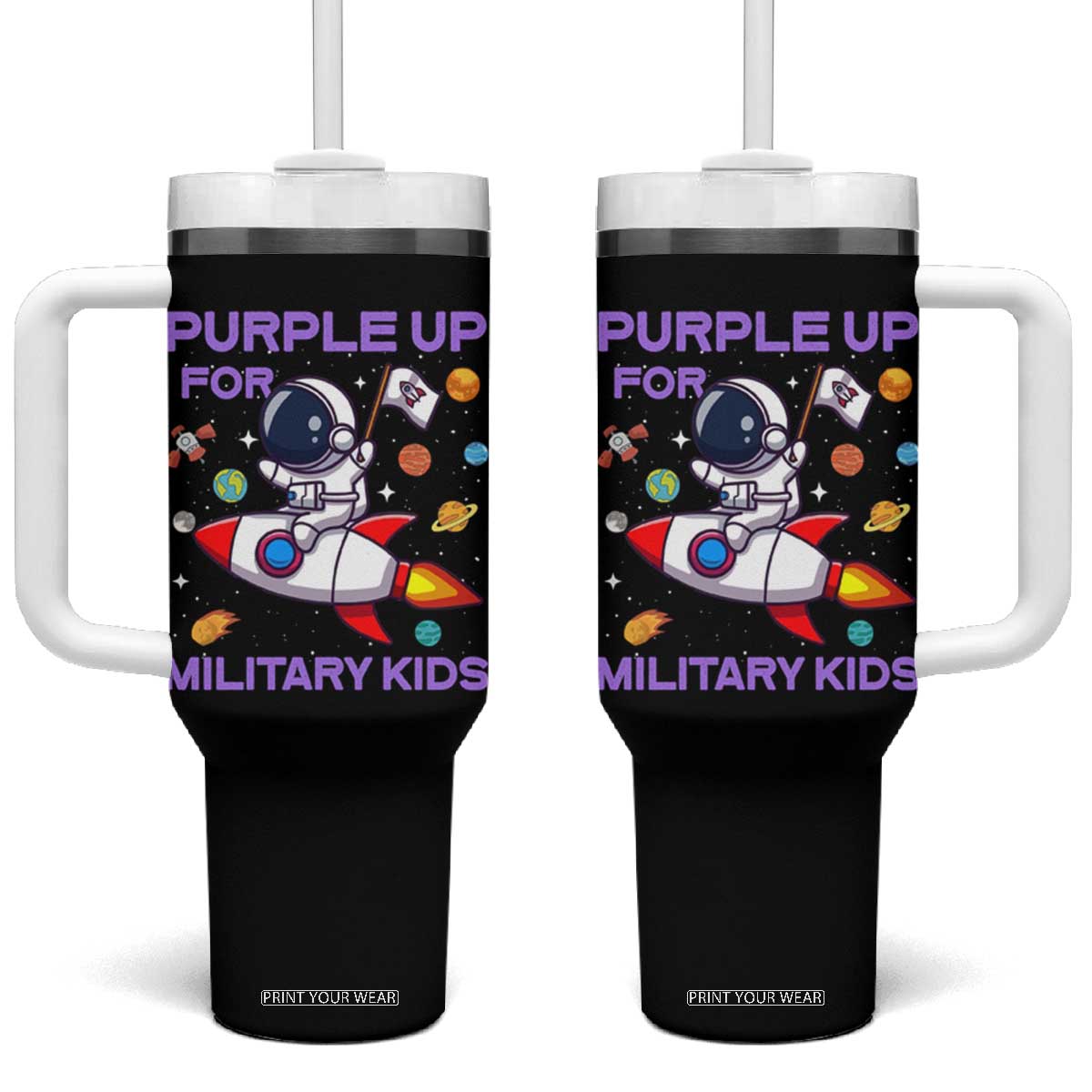 Purple Up For Military Kids Tumbler With Handle Military Child Month Astronaut Funny TS10 One Size: 40 oz Black Print Your Wear