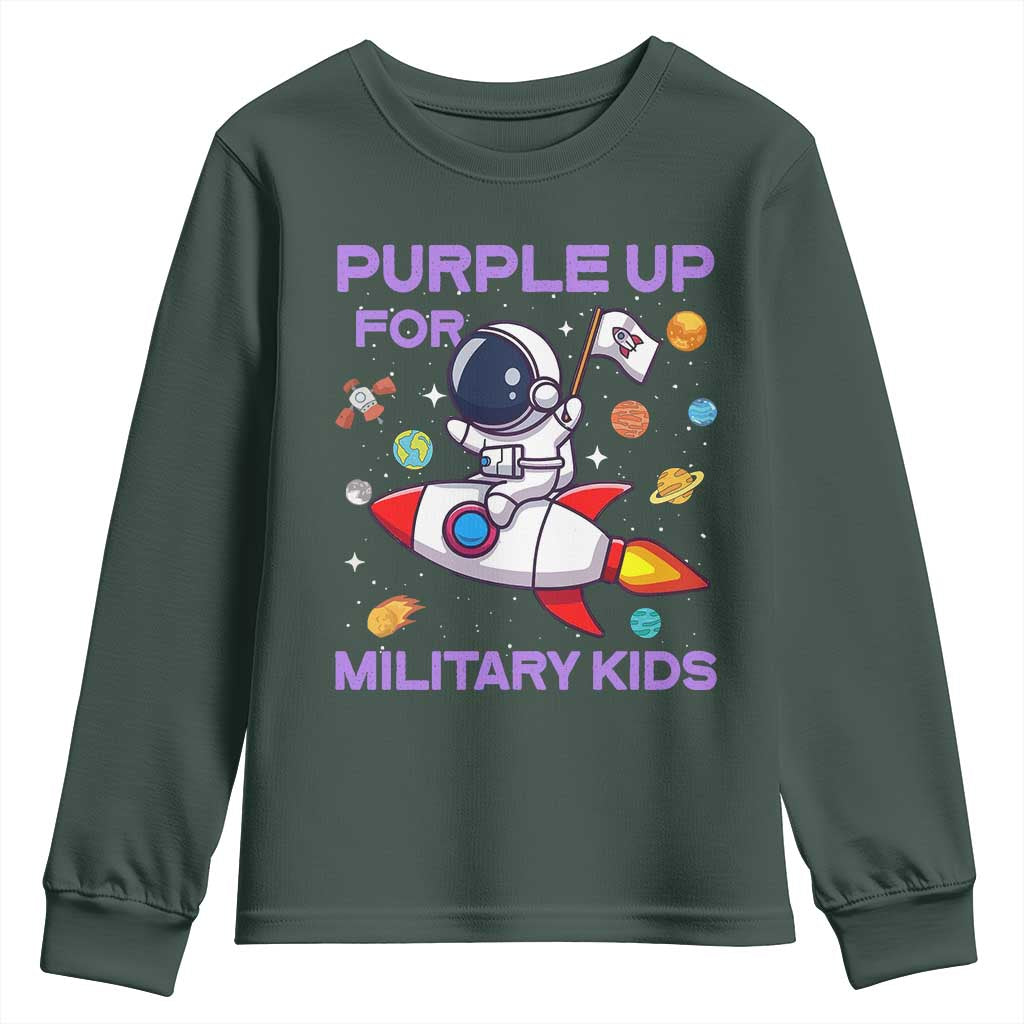 Purple Up For Military Kids Youth Sweatshirt Military Child Month Astronaut Funny TS10 Dark Forest Green Print Your Wear