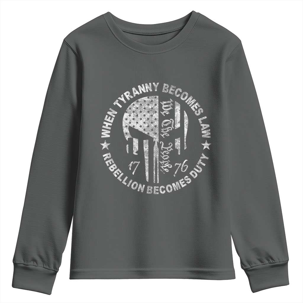 When Tyranny Becomes Law Rebellion Becomes Duty Youth Sweatshirt We The People 1776 American Flag TS10 Dark Heather Print Your Wear
