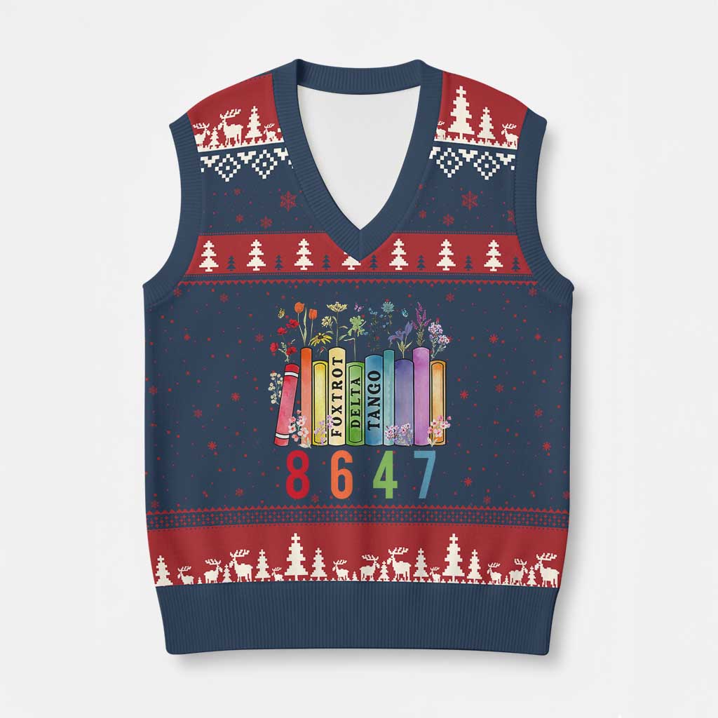 Retro 8647 V-Neck Knit Sweater Vest Foxtrots Delta Tangos Book Flower TS10 Navy Red Print Your Wear