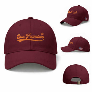 San Francisco Baseball Cap SF Varsity California Script Vintage Sports Jersey Style TS10 Baseball Cap Universal Fit Maroon Print Your Wear