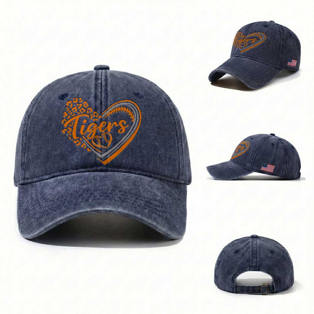 Vintage Tiger Washed Cotton Baseball Cap Sports Fan Team Spirit Mascot Cute Leopard Heart TS10 Washed Cap Universal Fit Navy Print Your Wear