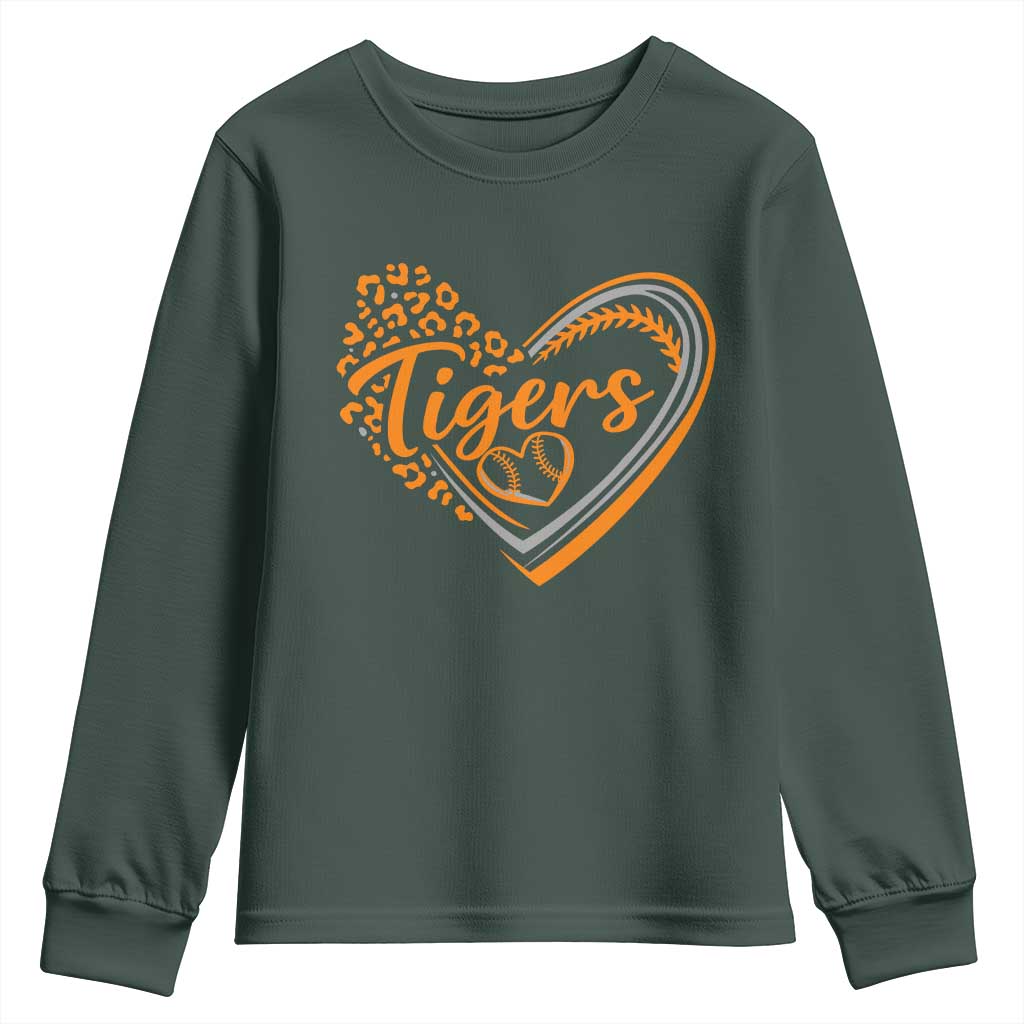 Vintage Tiger Youth Sweatshirt Sports Fan Team Spirit Mascot Cute Leopard Heart TS10 Dark Forest Green Print Your Wear