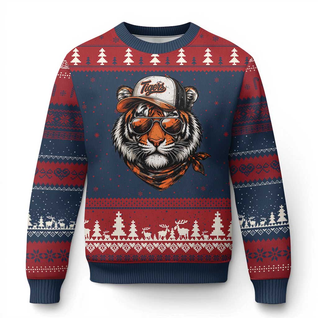 Tiger Mascot Ugly Christmas Sweater Vintage Sports Name TS10 Navy Red Print Your Wear