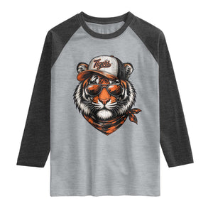 Tiger Mascot Raglan Shirt Vintage Sports Name TS10 Heather Gray Heather Charcoal Print Your Wear