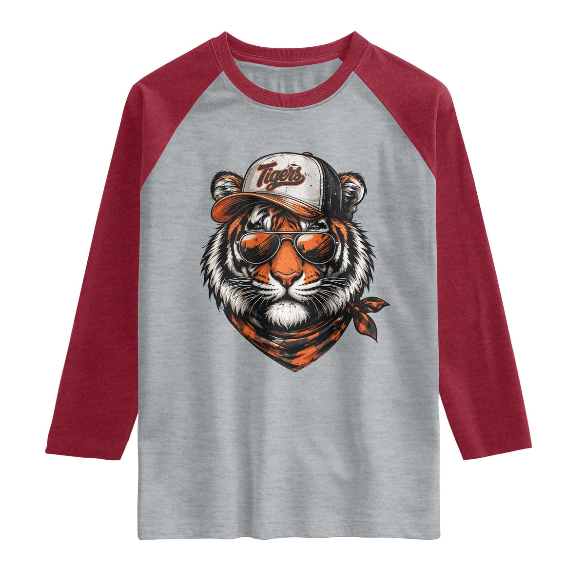 Tiger Mascot Raglan Shirt Vintage Sports Name TS10 Heather Gray Heather Red Print Your Wear