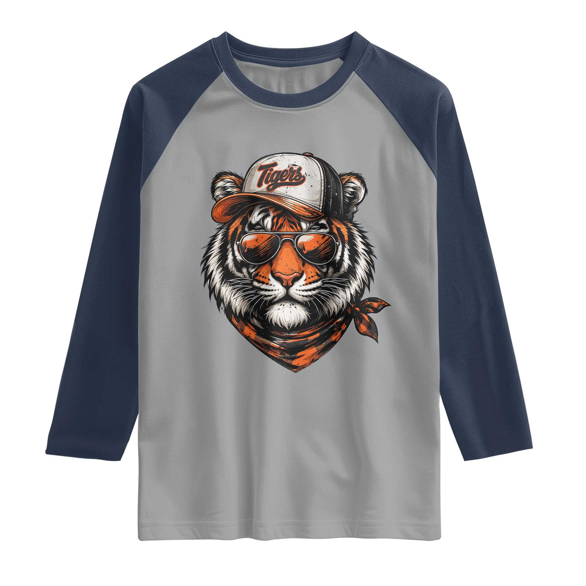 Tiger Mascot Raglan Shirt Vintage Sports Name TS10 Sport Gray Navy Print Your Wear
