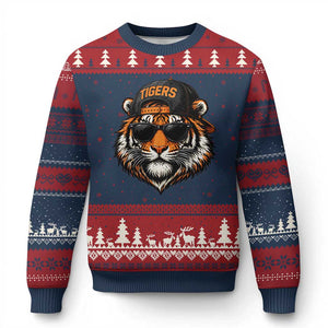 Tiger Mascot Ugly Christmas Sweater Vintage Sports Name Baseball Cap Sunglasses TS10 Navy Red Print Your Wear