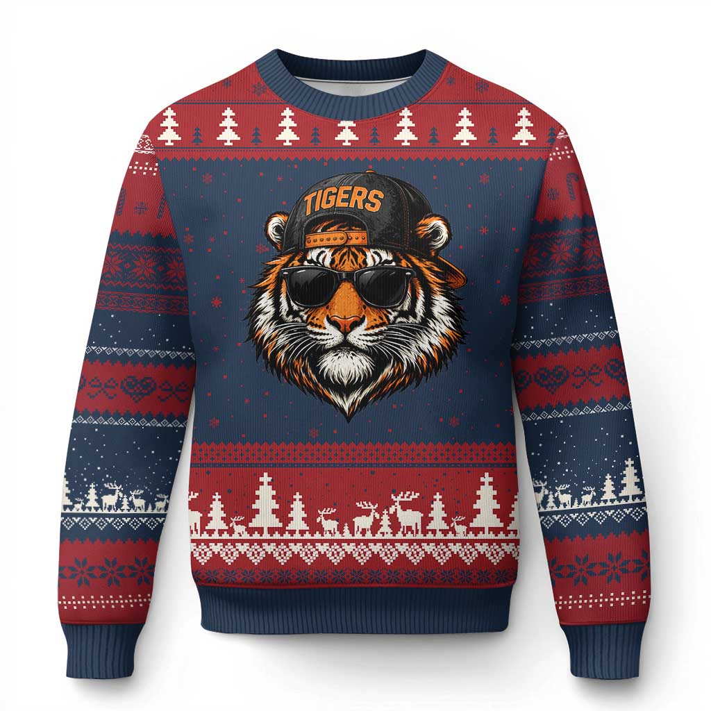 Tiger Mascot Ugly Christmas Sweater Vintage Sports Name Baseball Cap Sunglasses TS10 Navy Red Print Your Wear