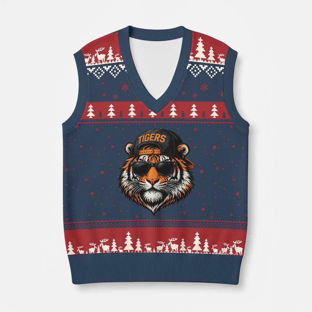Tiger Mascot V-Neck Knit Sweater Vest Vintage Sports Name Baseball Cap Sunglasses TS10 Navy Red Print Your Wear