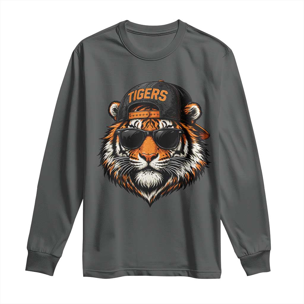 Tiger Mascot Long Sleeve Shirt Vintage Sports Name Baseball Cap Sunglasses TS10 Dark Heather Print Your Wear