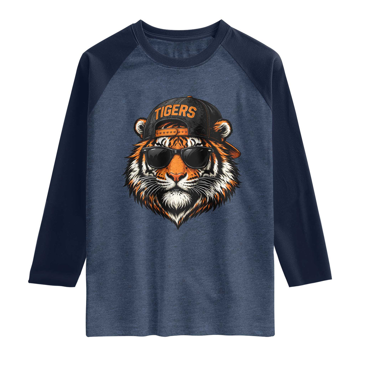 Tiger Mascot Raglan Shirt Vintage Sports Name Baseball Cap Sunglasses TS10 Heather Denim Navy Print Your Wear