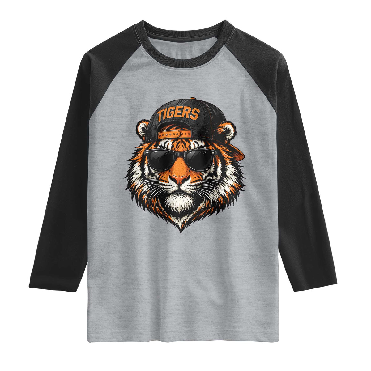 Tiger Mascot Raglan Shirt Vintage Sports Name Baseball Cap Sunglasses TS10 Heather Gray Black Print Your Wear