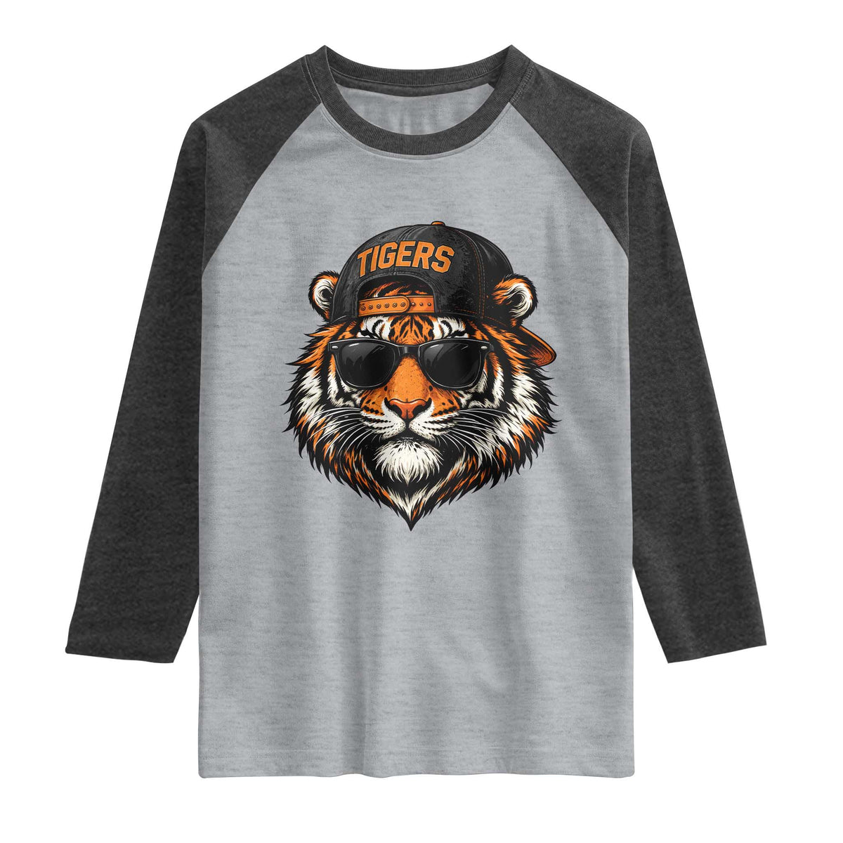 Tiger Mascot Raglan Shirt Vintage Sports Name Baseball Cap Sunglasses TS10 Heather Gray Heather Charcoal Print Your Wear
