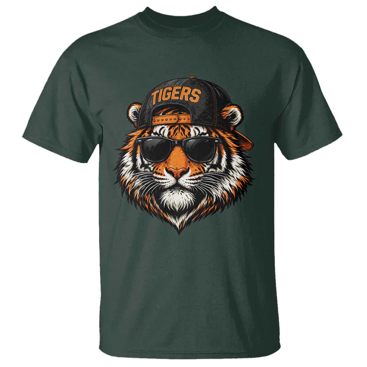 Tiger Mascot T Shirt Vintage Sports Name Baseball Cap Sunglasses TS10 Dark Forest Green Print Your Wear
