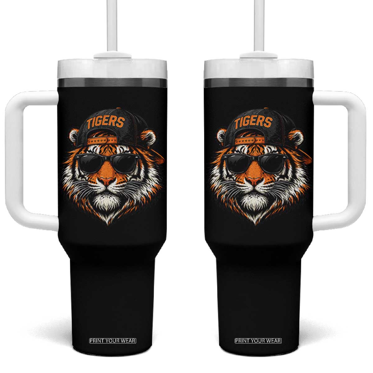 Tiger Mascot Tumbler With Handle Vintage Sports Name Baseball Cap Sunglasses TS10 One Size: 40 oz Black Print Your Wear