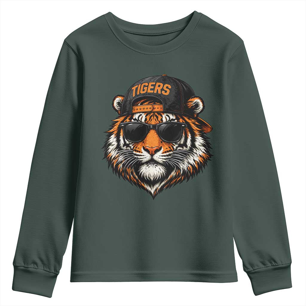 Tiger Mascot Youth Sweatshirt Vintage Sports Name Baseball Cap Sunglasses TS10 Dark Forest Green Print Your Wear