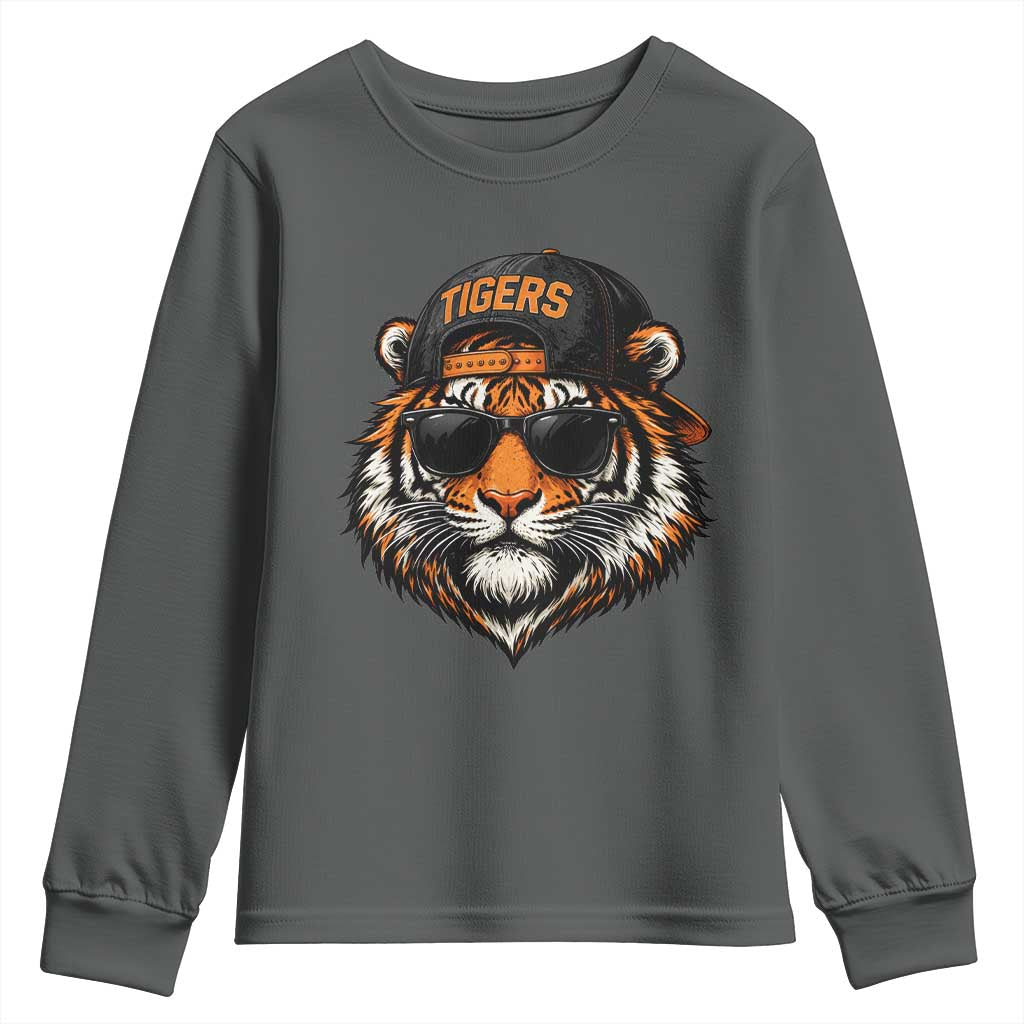 Tiger Mascot Youth Sweatshirt Vintage Sports Name Baseball Cap Sunglasses TS10 Dark Heather Print Your Wear