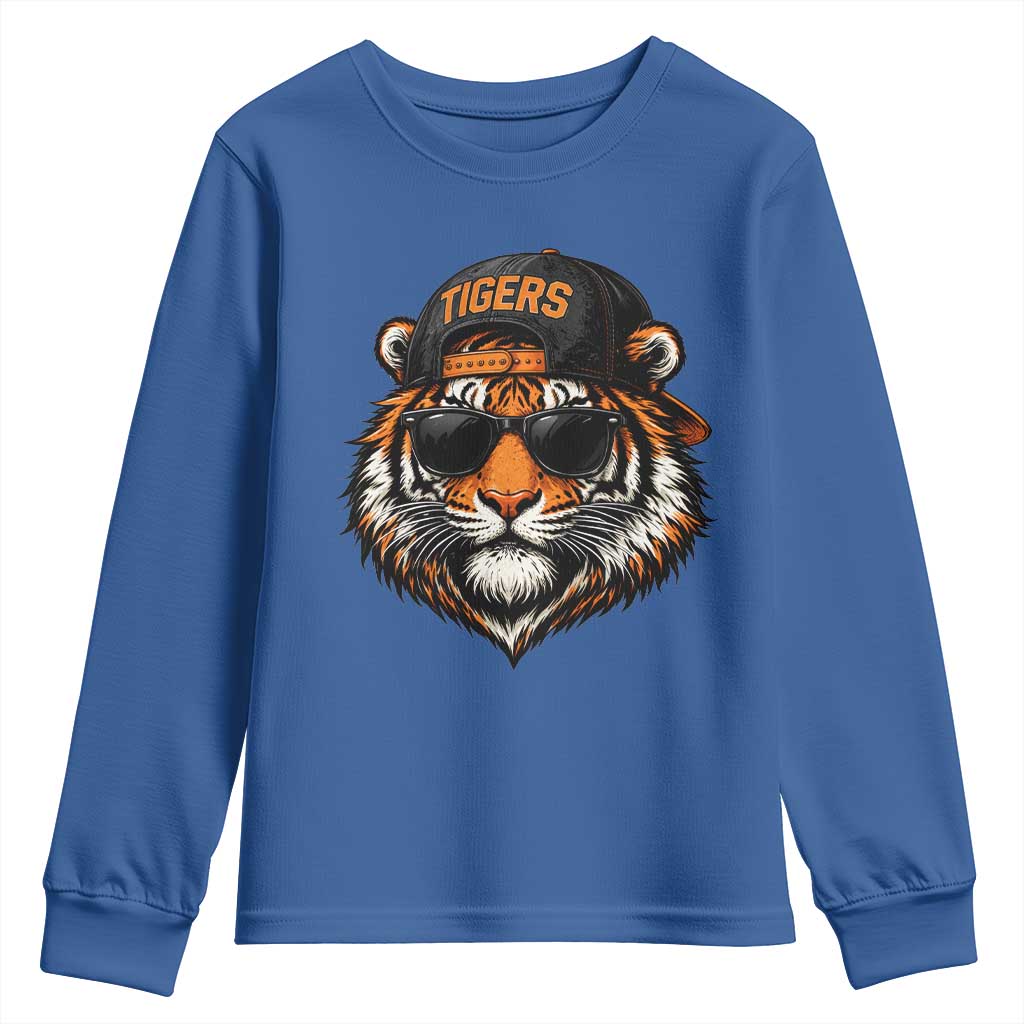 Tiger Mascot Youth Sweatshirt Vintage Sports Name Baseball Cap Sunglasses TS10 Royal Blue Print Your Wear