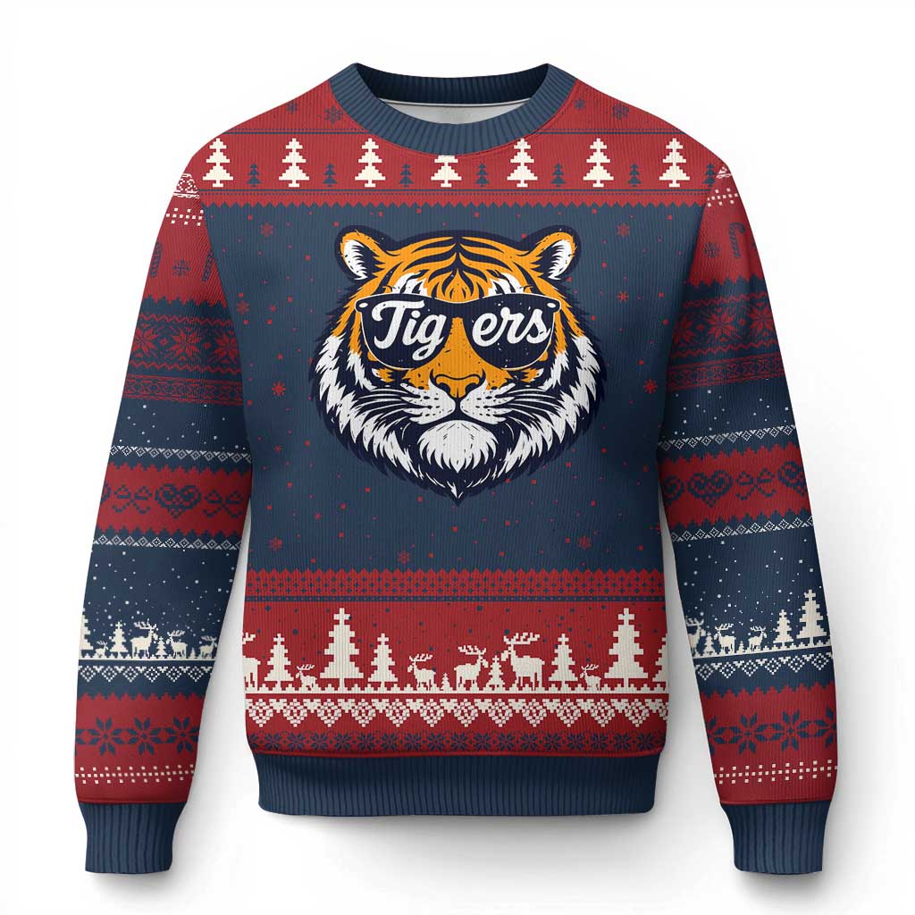 Tiger Face Ugly Christmas Sweater Vintage Sports Name TS10 Navy Red Print Your Wear