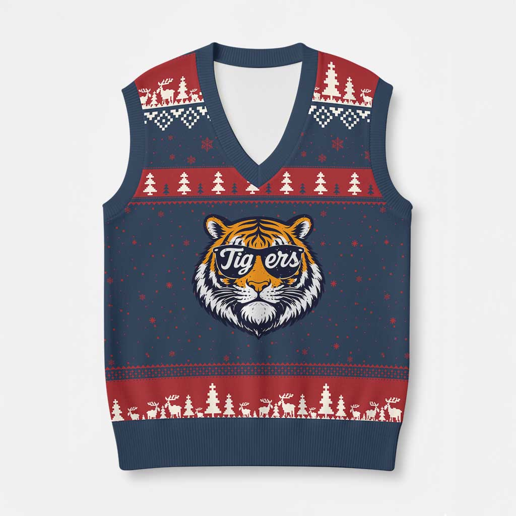 Tiger Face V-Neck Knit Sweater Vest Vintage Sports Name TS10 Navy Red Print Your Wear
