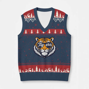 Tiger Face V-Neck Knit Sweater Vest Vintage Sports Name TS10 Navy Red Print Your Wear