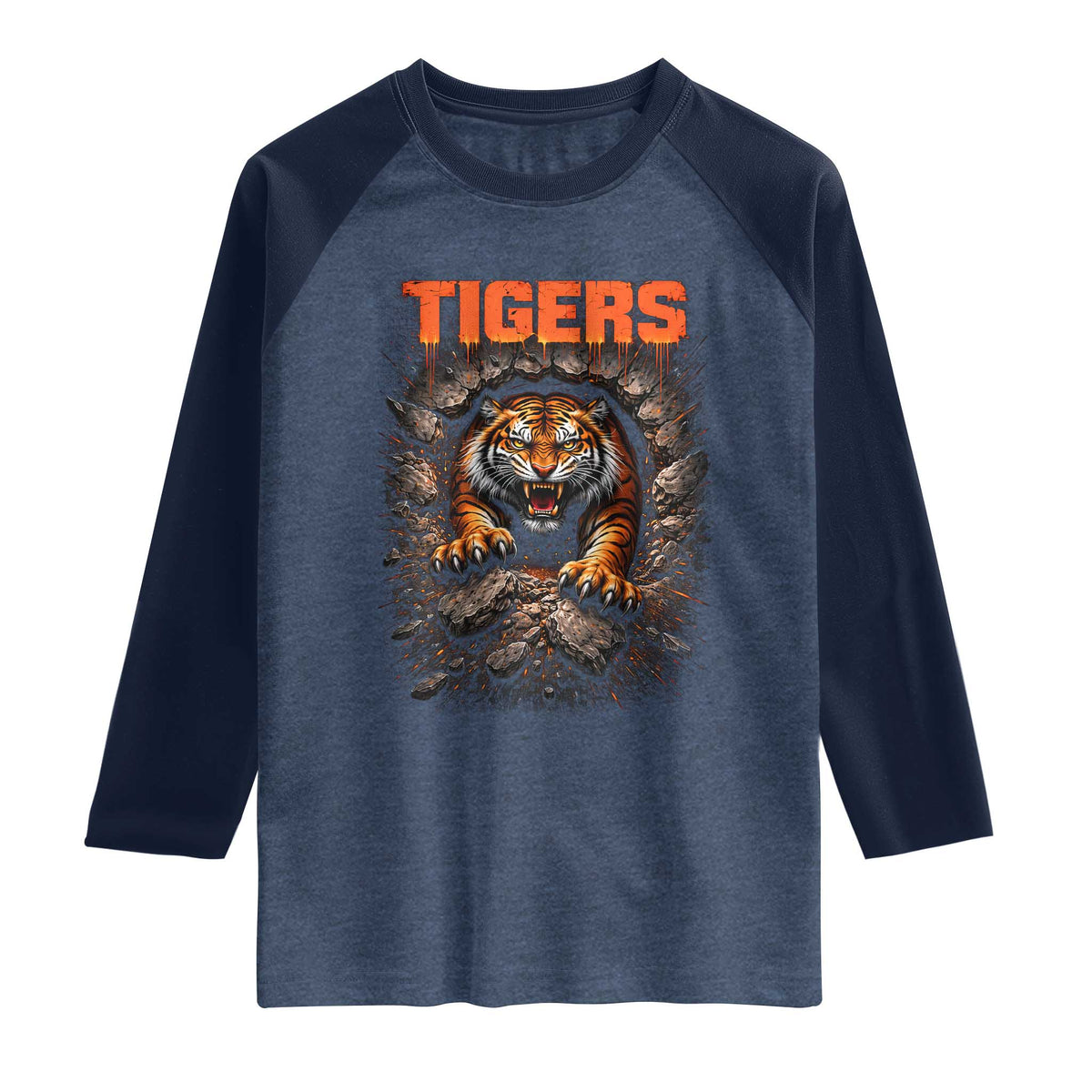 Tiger Sports Name Raglan Shirt Vintage Distressed Baseball Fans TS10 Heather Denim Navy Print Your Wear