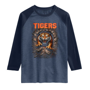 Tiger Sports Name Raglan Shirt Vintage Distressed Baseball Fans TS10 Heather Denim Navy Print Your Wear