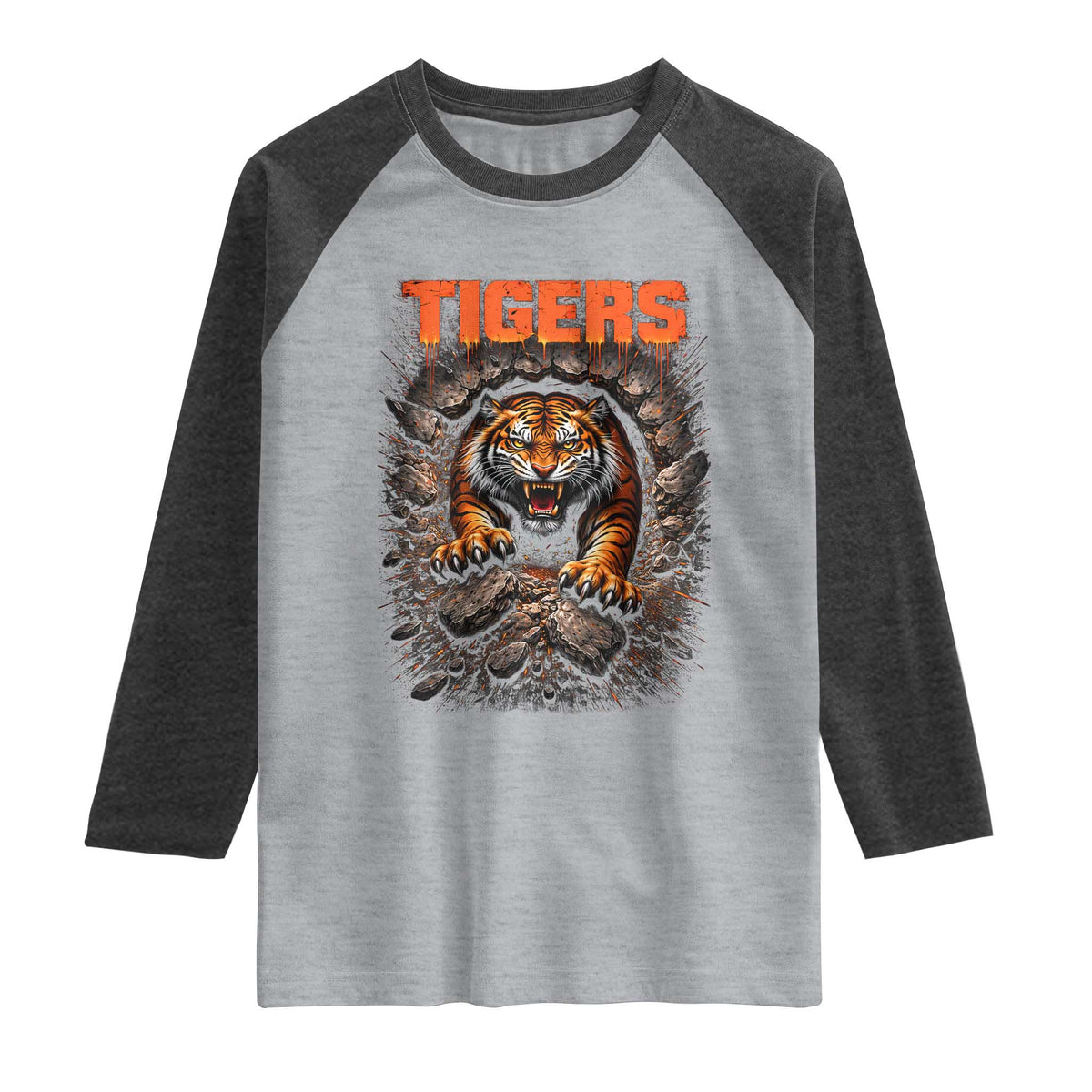 Tiger Sports Name Raglan Shirt Vintage Distressed Baseball Fans TS10 Heather Gray Heather Charcoal Print Your Wear