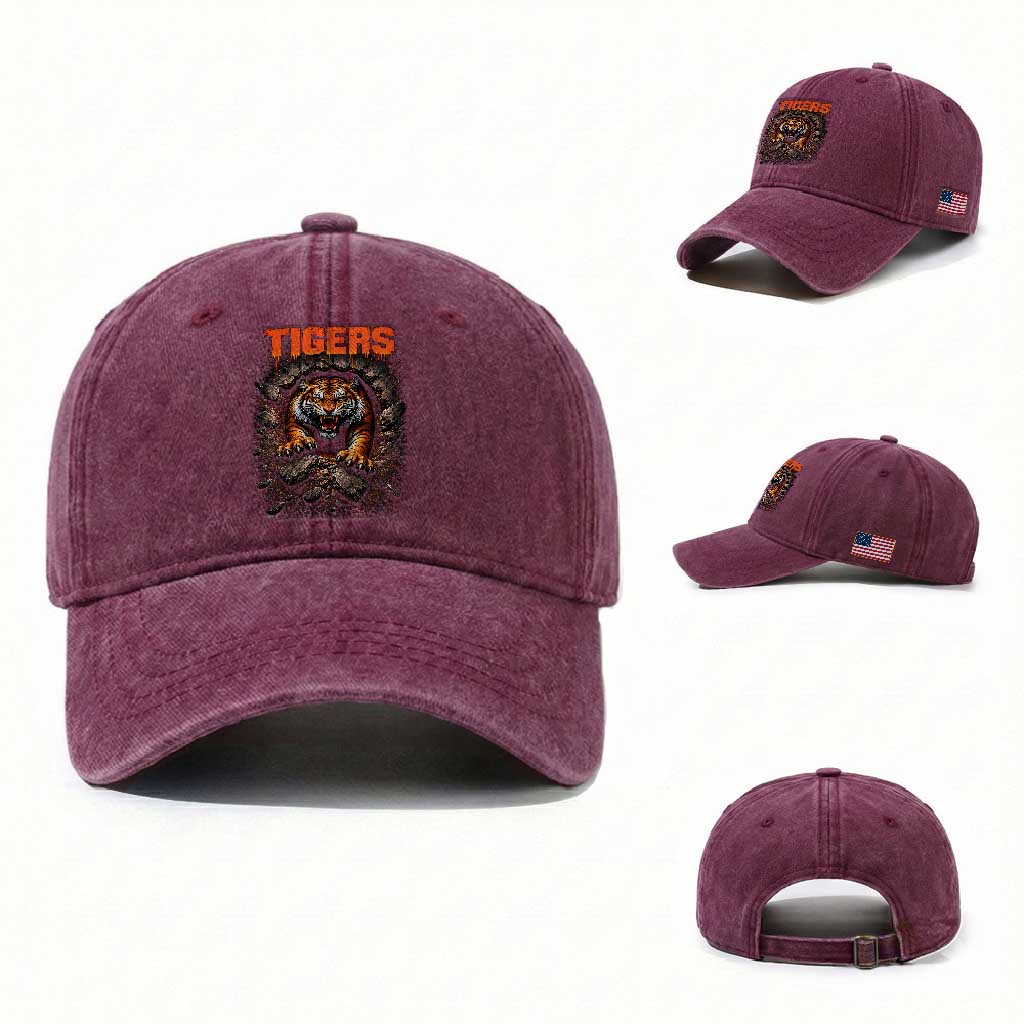 Tiger Sports Name Washed Cotton Baseball Cap Vintage Distressed Baseball Fans TS10 Washed Cap Universal Fit Burgundy Print Your Wear
