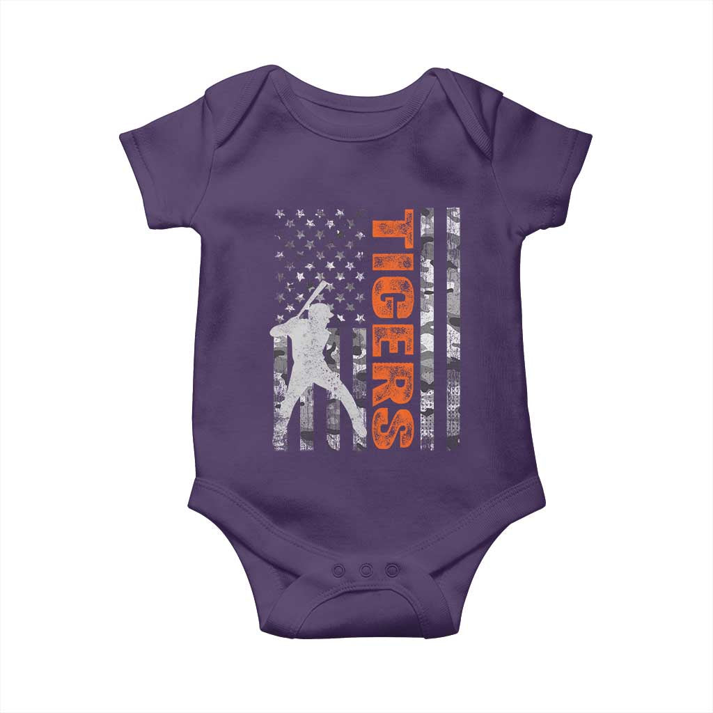 Baseball Player Tiger Baby Onesie Team Spirit American Flag USA Camo Patriotic Graphic TS10 Purple Print Your Wear