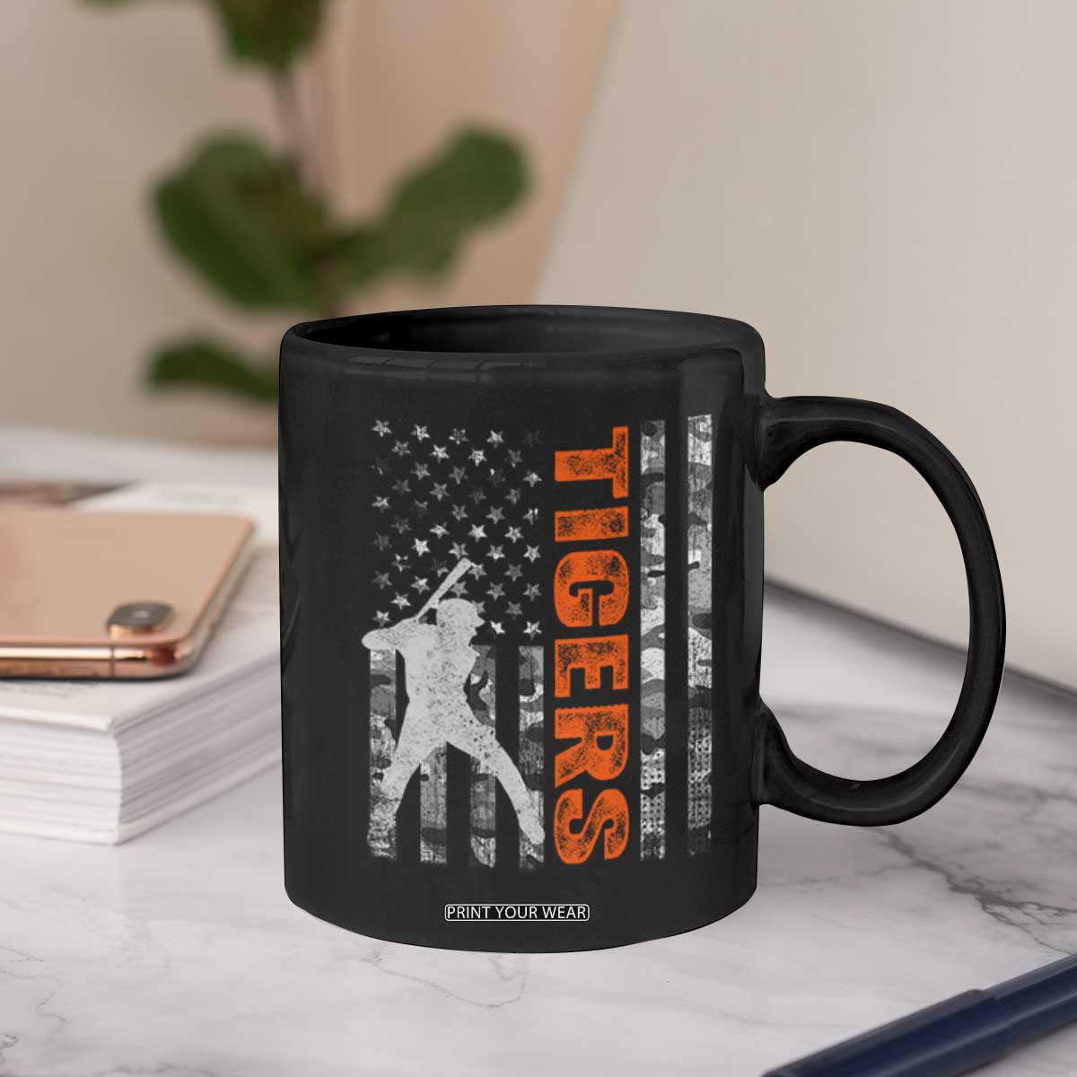 Baseball Player Tiger Coffee Mug Team Spirit American Flag USA Camo Patriotic Graphic TS10 Print Your Wear