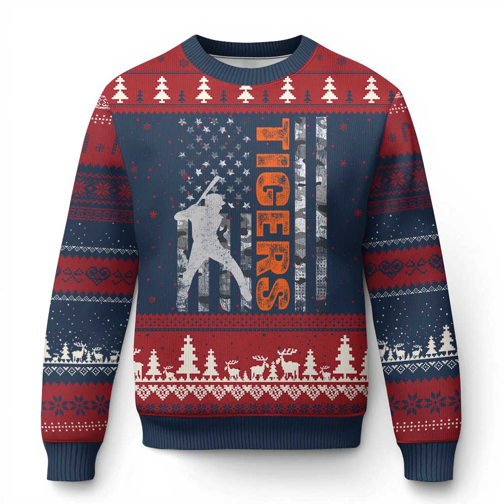 Baseball Player Tiger Ugly Christmas Sweater Team Spirit American Flag USA Camo Patriotic Graphic TS10 Navy Red Print Your Wear