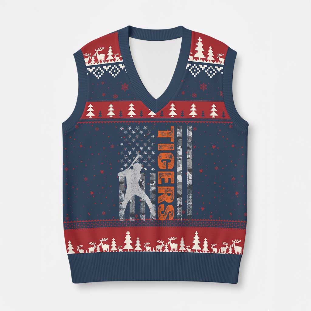 Baseball Player Tiger V-Neck Knit Sweater Vest Team Spirit American Flag USA Camo Patriotic Graphic TS10 Navy Red Print Your Wear